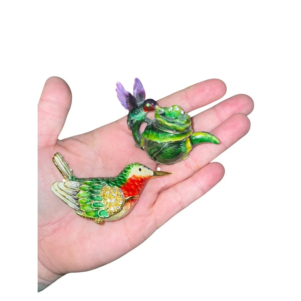 Enamel Trinket Boxes Hummingbird Teapot‎ Bejeweled Mini Boxes Set Of 2